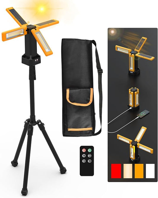 13200mAh Rechargeable Solar Work Light with Folding Stand and Carrying Bag, AODOO 8000 Lumen Stepless Dimmable , White/Warm/Nature White/RED(SOS) with Detachable Tripod (Orange(Remote))