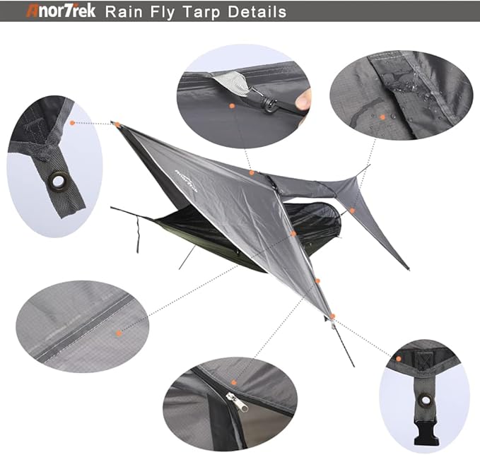 AnorTrek Camping Hammock with Mosquito Net and Rain Fly Tarp, Portable Double Hammock with Two Tree Straps, 230T Nylon Hammock and Waterproof Rain Fly Set for Hiking, Backpacking, Overnight (Green)