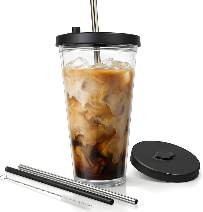 Kensal Home Reusable Iced Coffee Cup (16 Oz/Grande), Leak Proof and Double Wall Insulated Iced Coffee Tumbler, Come with Reusable Plastic and Metal Straws and Straw Cleaner - Black