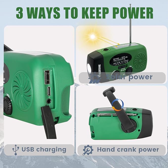 5000mah Alertsync NOAA Weather Emergency Radio with Solar Charging, AM FM Hand Crank Windup Radio SOS Alarm LED Flashlight with Earphone Jack for Home, Camping, Survival Hurricane (Green)