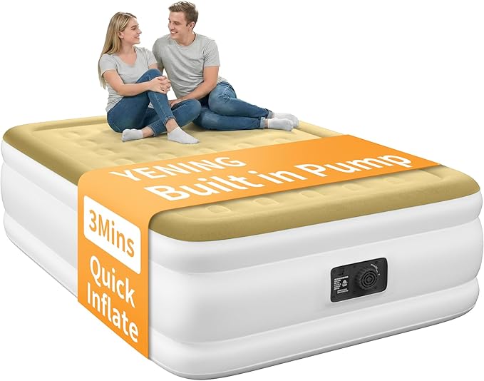 YENING Full Size Air Mattress with Built in Pump Raised Double Blow up Bed Inflatable Camping Airbed Electric 18 Inch Tall Beige