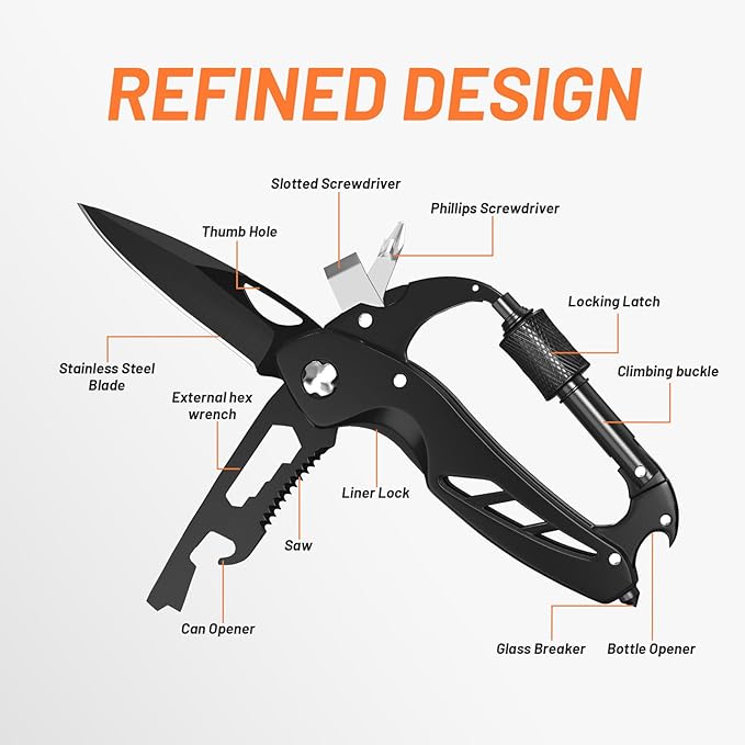 Carabiner Multitool 9-in-1 EDC Pocket Knife, Hexwrench, Saw, Screwdriver, Bottle Opener, Breaker, Survival Gear for Camping Climbing, Gifts for Men Women, Stocking Stuffers (Black)
