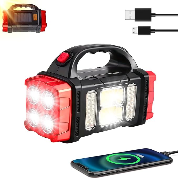 NAKCNM Solar Rechargeable High Lumen Flashlight & LED Lantern - 4 Mode Waterproof Flashlight with USB-C Input/Output for Camping, Hiking, Emergencies and Outdoor Work
