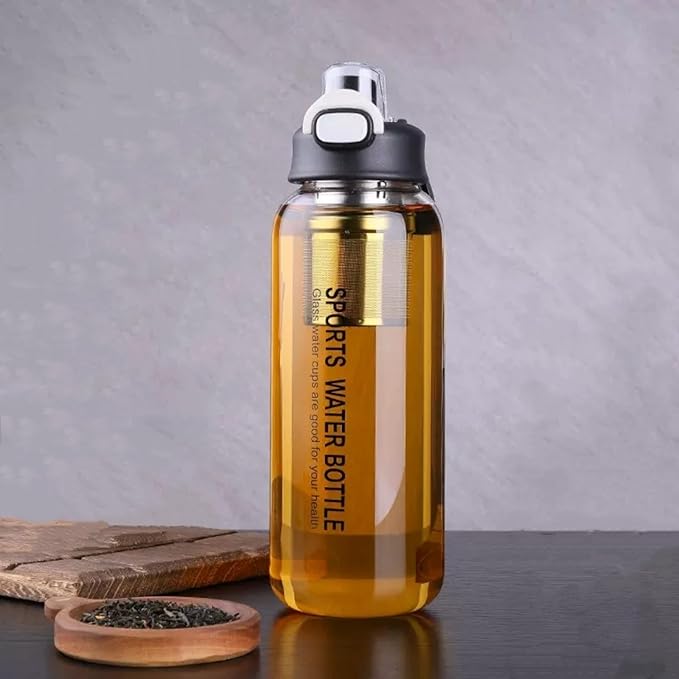 Glass Tea Bottle with Infuser - Gass Tea Tumbler with Infuser, Borosilicate Glass Infuser Water Bottle with Straw, Sleeve,Lock Lid and Handle, Leakproof (1200ML)