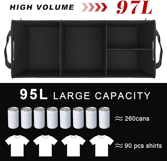 Car Trunk Organizer, Large Capacity Collapsible Cargo Organizer with Adjustable Straps Reinforced Handles, Multi-Compartment Trunk Storage Box for Car Truck SUV Sedan (Black & Red)