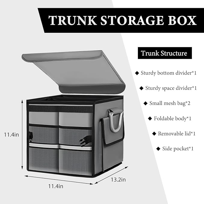 Trunk Organizer with Lid, 28L Collapsible Cargo Organizer with Aluminum Handles & Reflective Strip, Multi-Purpose Waterproof Oxford Storage Box for Cars Trucks SUVs Minivans (Gray)