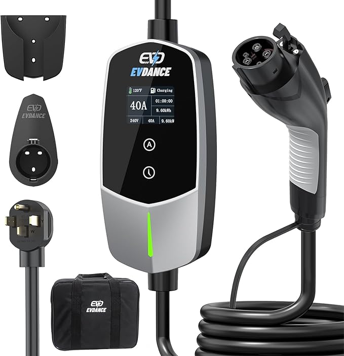 EVDANCE Level 2 EV Charger 40Amp, 240V 9.6KW Portable Electric Vehicle Charging Stations with NEMA 14-50P, 25FT Cable Adjustable Current/Timing Delay Home Electric Car Charger for J1772 BEVs/PHEVs