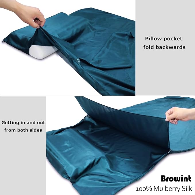 Browint Silk Sleeping Bag Liner, Silk Sleep Sack, Extra Wide 87"x43", Lightweight Travel Sheet for Hotels, More Colors for Option, Reinforced Gussets