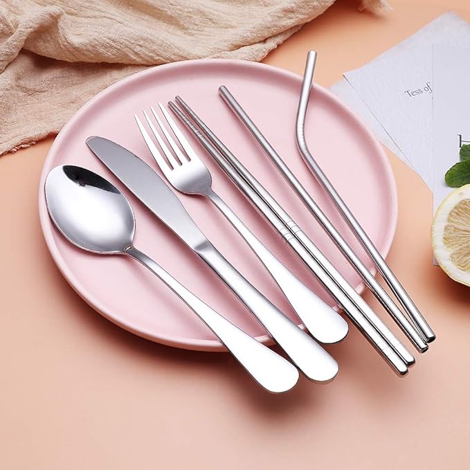 Travel Stainless Steel Utensils Set with Case – 8-Piece Reusable Flatware Kit Includes Fork, Knife, Spoon, Chopsticks, Straws, Brush & Bag – Portable Cutlery for Camping, Work, Picnic (Silver)