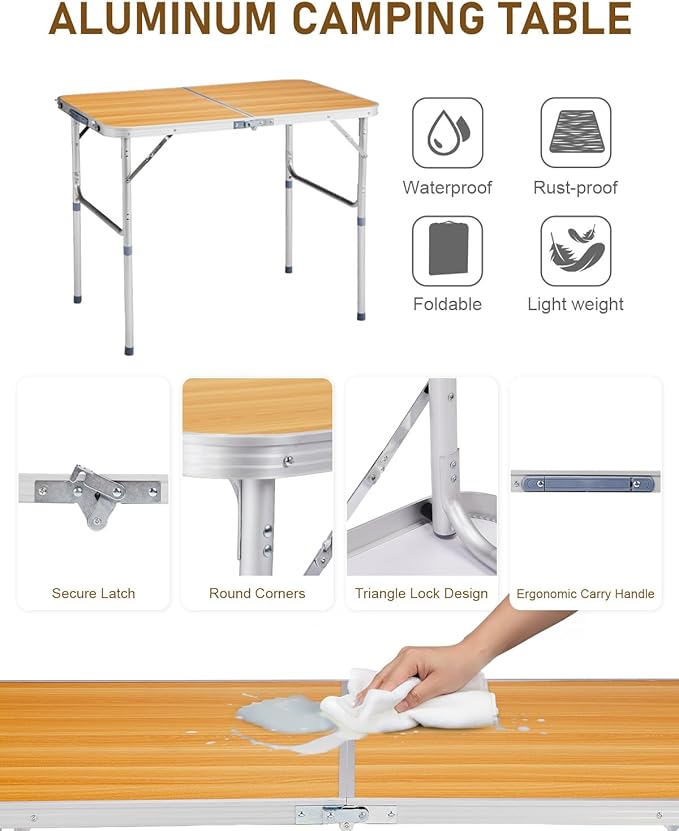 Outvita 3ft Portable Folding Camping Table, Outdoor Waterproof Adjustable Height Table, Aluminum Lightweight Suitcase Foldable Table for Picnic BBQ Beach Dining