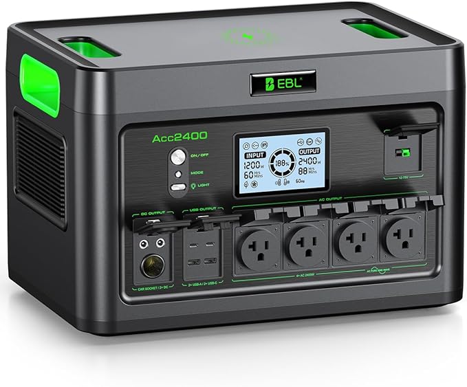EBL 2400W Portable Power Station LiFePO4 Battery,1843Wh Solar Generator,Home Battery Backup,12 Outlets(2400W AC Outlets,4800W Peak), USB-C PD 100W,2Hrs Quick Charge,Home Emergency, RV Trip
