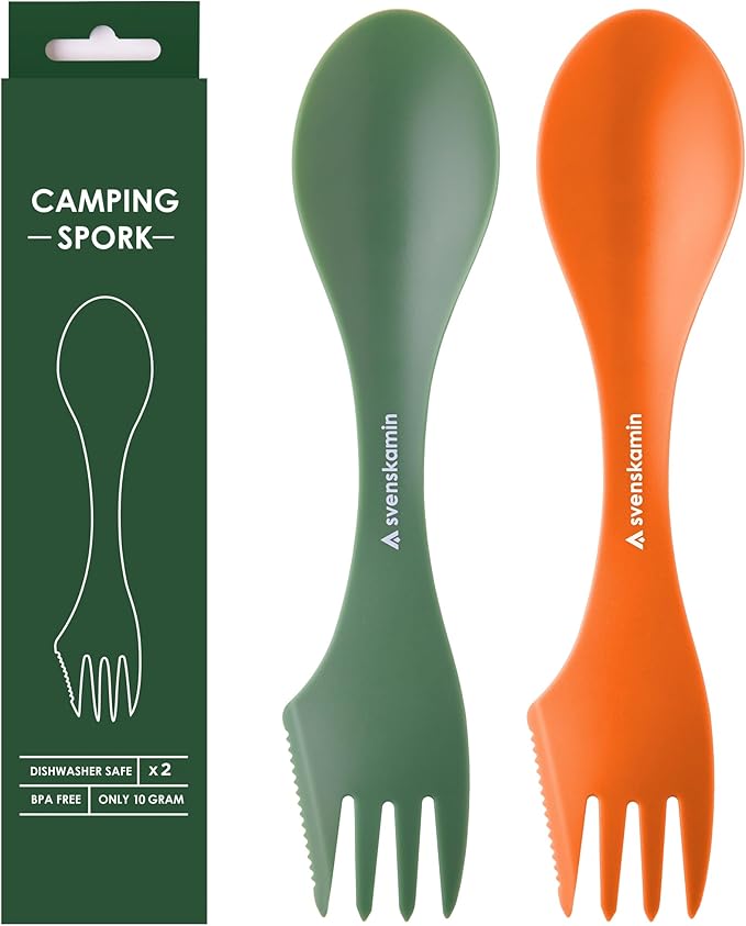 Reusable Camping Spork Set 2-Pack - 3-in-1 Travel Sporks, Lightweight Durable Utensils & Silverware for Tailgate, Outdoors, Hiking, Picnic, Lunch Box - Eco-Friendly Plastic Fork Spoon Knife Combo