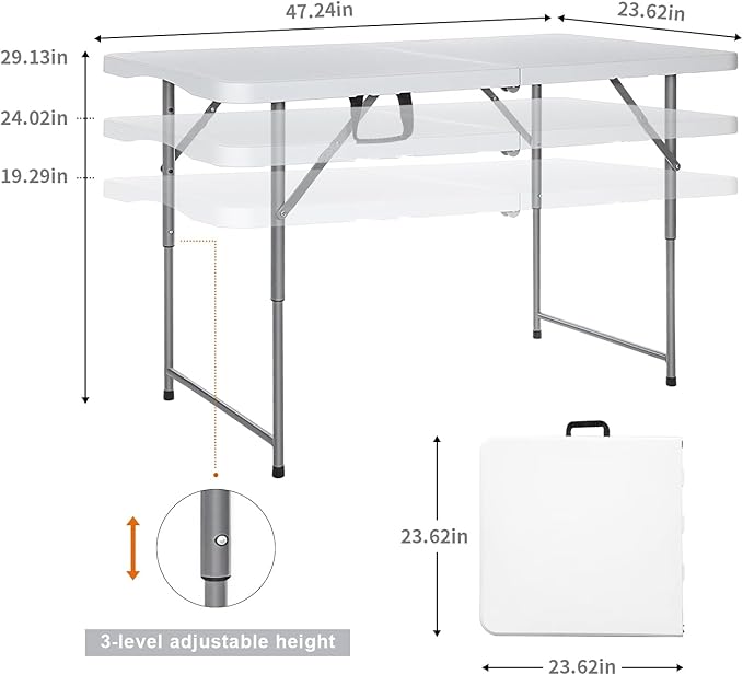 Lakhow Folding Table 4 Foot Heavy Duty Plastic Utility Table Portable Thick Table Top Small Indoor Outdoor Adjustable Height Folding with Carrying Handle，Sewing Table Camping Party Gathering ，White
