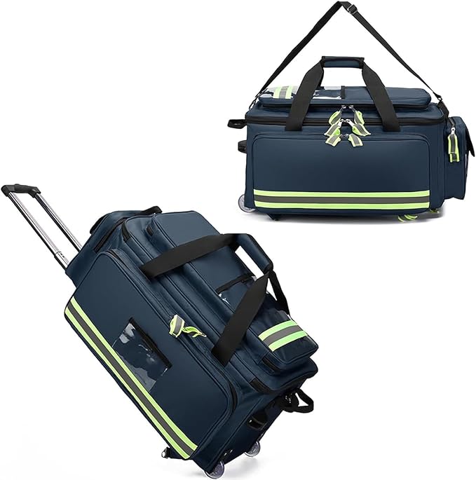 Generic Portable Trolley First Aid Kit Bag with Wheels, Large Capacity Outdoor Emergency Medical Duffle Bag Empty,Medical Trolley Bag with Compartments Removable,Ideal for EMT, EMS, Paramedics, Blue