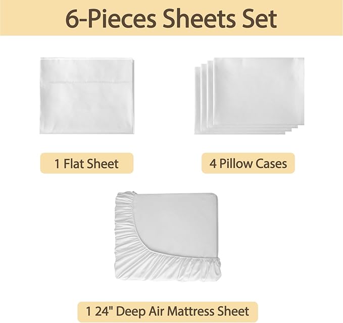 Air Mattress Sheet Set Full Size,6 Piece Deep Pocket Bed Sheet Set for 16-24 Inch Air Bed,Easy Inflate Access,Perfect for Guest Room, RV, Camping,White