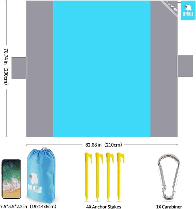 covacure Extra Large Beach Blanket Sandproof Waterproof - 108"x85" for 7-8 Adults, Oversized Portable Beach Mat with Zipper Pockets, Lightweight Durable Outdoor Accessories for Camping, Travel, Hiking