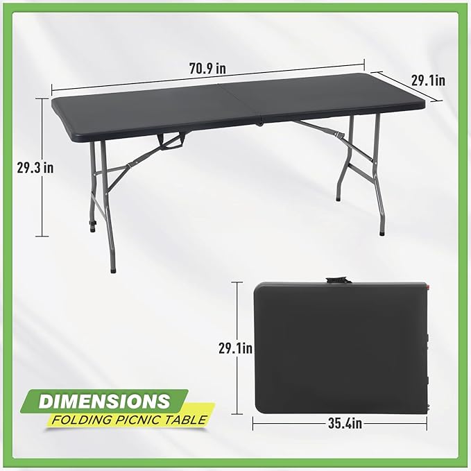 BestOffice Outdoor 6 FT Folding Camping Table Plastic Table Portable Square Height Dining Table Perfect for Picnics, Parties, Party and Camping, Black