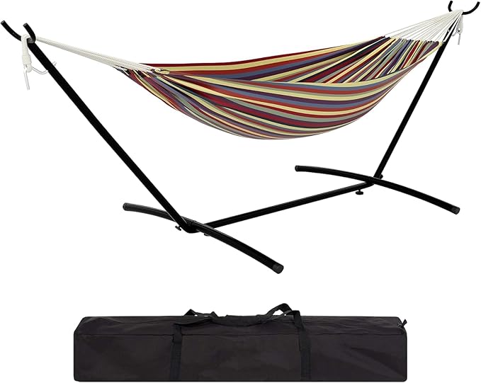 TrailBlaze Double Person Heavy Duty Hammock with Space-Saving Steel Stand, 450lb Capacity, Portable Carrying Case, Premium Balance Beams, Indoor/Outdoor Use - Yellow Rainbow Stripes