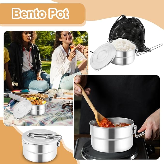 Stainless Steel Camping Cook Pot, 1.5L Camping Cookware with Lid and Folding Handle, Large Capacity Bento Pot for Outdoor Backpacking Campings Hiking Picnic