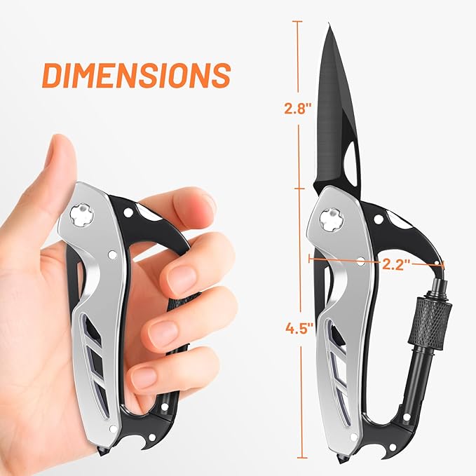 9 in 1 Multitool Carabiner Pocket Knife for Men,EDC Carabiner Knife, Bottle Opener and Screwdriver, Survival Gear for Camping Hiking Gifts for Men Stocking Stuffers Gifts for Him and Her (Silver)