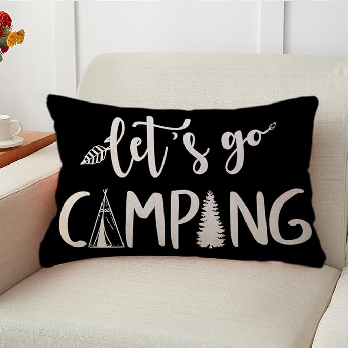 Adventure Camper Decorative Lumbar Pillowcase Double-sided Let’s Go Camping/Adventure Awaits Throw Pillow Covers Cabin/Camper Cushion Covers 12x20,2Pack for Sofa/Couch/Porch (Black)