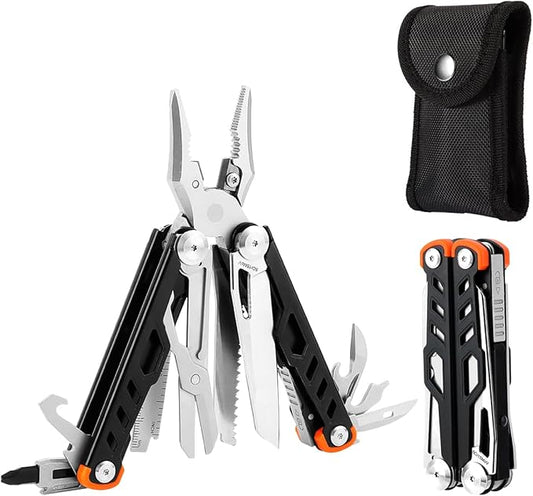 Multitool 15-in-1 Stainless Steel Multi Tool Pliers with Knife, Spring-Action Pliers and Scissors, Multitool for Survival, Camping, Hiking, Gifts for Men (Black)