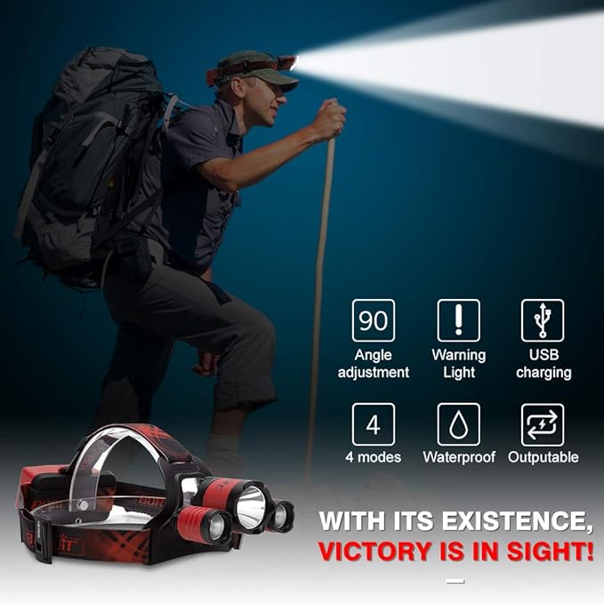 BORUIT B21 Headlamp Rechargeable, LED Super Bright Head Lights for Forehead, Battery Powered, 4 Modes Head Lamp 90° Adjustable, IPX5 Waterproof