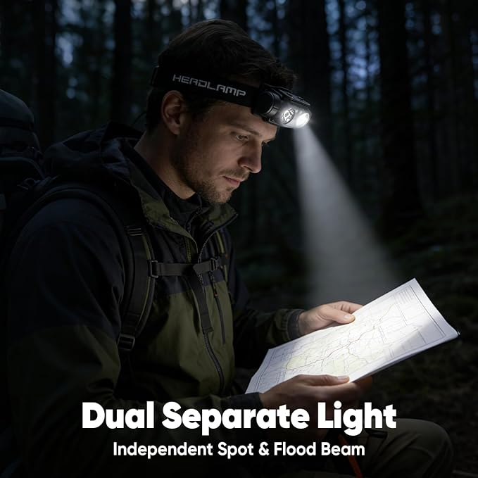 Rechargeable LED Headlamp, 2-Pack Super Bright Head lamp with Motion Sensor, 45° Adjustable Head Lights for Forehead Hard Hat, 7 Modes Waterproof Camping HeadLamps for Adults Kids