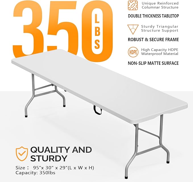 Bonnlo Folding Table 8ft, Portable Collapsible Plastic White Long Tables for Party, Camping, Banquet, Craft, Dining, Wedding, Outdoor and Indoor Use
