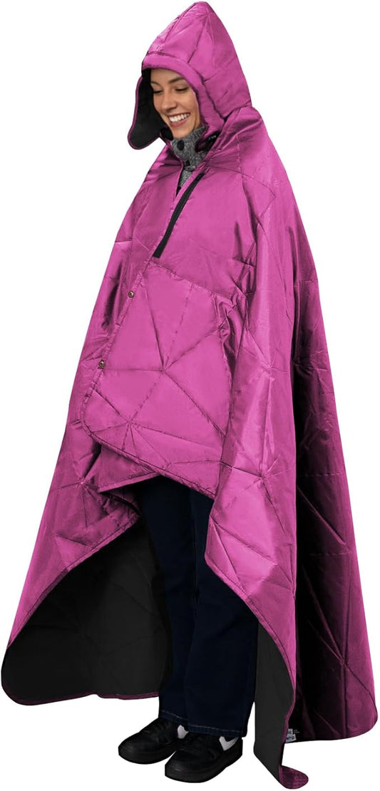 Large Outdoor Waterproof Blanket Extra Thick Fleece Stadium Blanket for Camping, Car, Pet, Picnics - Windproof, Wearable, Machine Washable 80" x 58" (Rose Purple,Hooded)