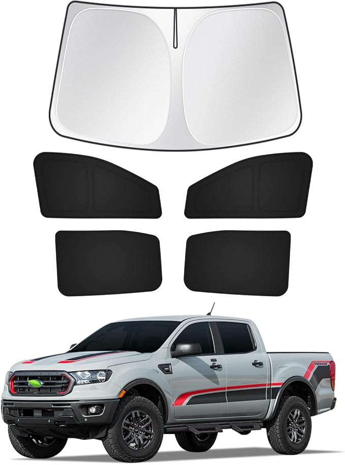 Canvcle Sunshades for 2019-2025 2026 Ford Ranger 4Door Windshield Sunshade Side Rear Windows Sun Visor Shield Privacy Cover Keep Vehicle Cool Black 5PCS