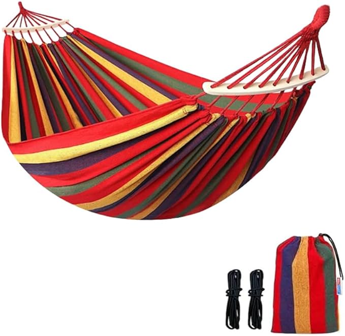Cotton Canvas Hammock, Comfortable Fabric Camping Hammock with Tree Straps, Up to 440lbs with Travel Bag for Camping Outdoor/Indoor Patio Backyard(Orange&Yellow, with bar)