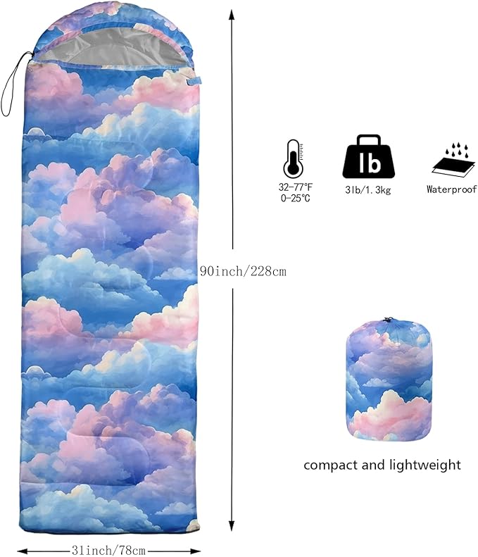 QOOMO Axolotl Cute Camping Sleeping Bags,3 Season Warm & Cool Weather,Lightweight,Waterproof Sleeping Bags for Adults & Kids,Traveling,and Outdoors