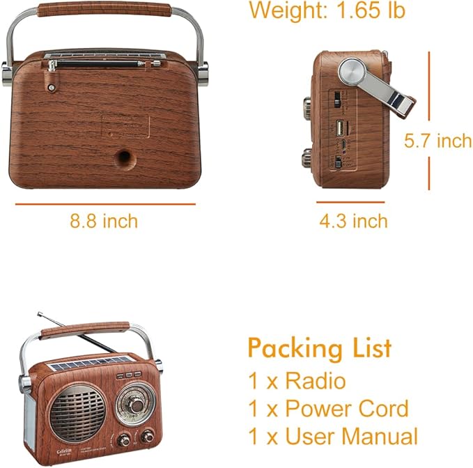 Gelielim Radios Portable AM FM SW,Vintage Radio Bluetooth Speaker with Crystal Clear Sound, Rechargeable Battery Powered, Retro Small Radio with Solar Panel & Flashlight, Gifts for Seniors Elderly