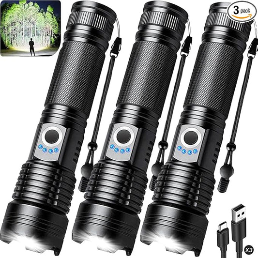 Flashlight Rechargeable 990,000 High Lumens - 3 Pack Bright LED Flash Light with 5 Modes, Handheld Waterproof Linterna for Camping, Home, Outdoor