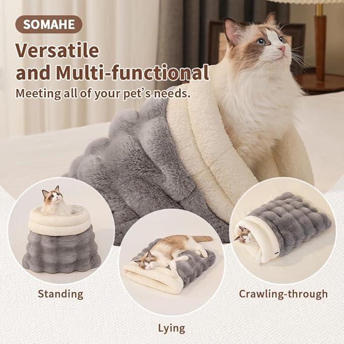 Self-Warming Cat Sleeping Bag, Enclosed Hooded Snuggle Sack with Dual-Side Plush Cat Cave Bed, Portable Foldable Pet Sleeping Pod for Indoor & Travel, Anti-Static, 21.7"x17.7"White