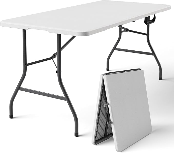 Folding Table, 5FT Foldable Picnic Table with Carrying Handle, Heavy Duty Fold-in-Half Portable Table for Weddings, Camping, RV Travel, Parties, BBQs, and Indoor Use, Easy to Fold and Store, White