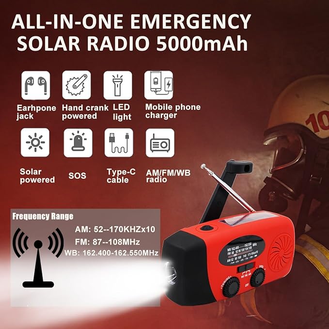 2024 Upgrade 5000mah Alertsync NOAA Weather Emergency Radio with Solar Charging, AM FM Hand Crank Windup Radio SOS Alarm LED Flashlight with Earphone Jack for Home, Camping, Survival Hurricane (Red)