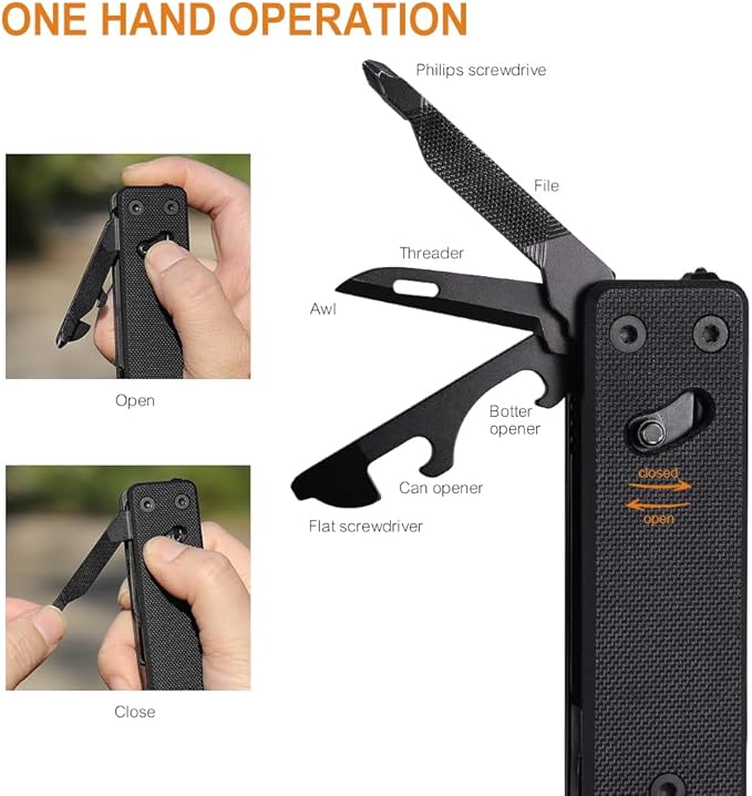 Roxon KS2E Noir Elite D2 Blade 13 in 1 Mini Multi Tool function pocket knife with big scissor, G10 handle and Pocket clip, good for Camping/Backpacking/Emergencies/EDC Multitool (D2 Steel Blade)
