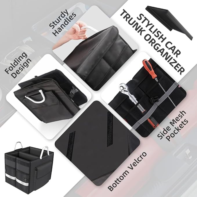 55L Car Trunk Organizer with Reflective Stripes.1680D Polyester Folding Car Organizer with Reinforced Handles, Folding and Multi-Compartment, Storage for SUV, Truck, Sedan (Black, 28L)