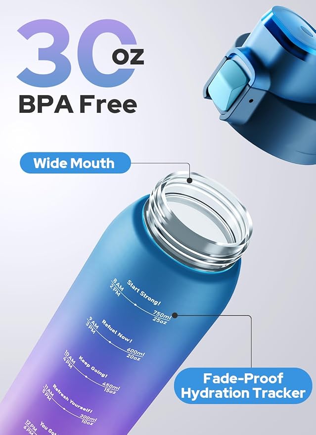 Opard Zip 30oz Plastic Water Bottle Dishwasher Safe, Leakproof Flip-Top Lid, BPA Free Tritan, Wide Mouth Reusable Sports Water Bottle for Gym Hiking Commuting Outdoor Travel and School