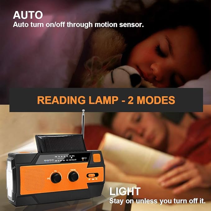 NPET Emergency Solar Hand Crank Radio, AM/FM/NOAA Portable Weather Radio for Hurricane Season,with 1W LED Flashlight,Cell Phone Charger,Motion Sensor Reading Lamp
