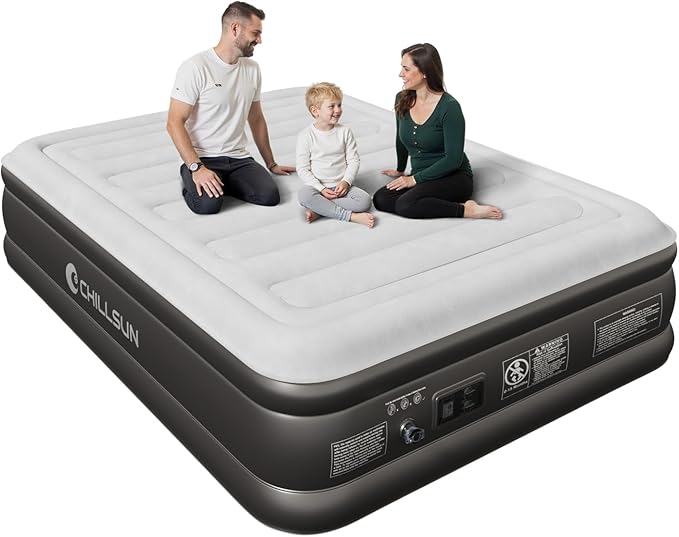 CHILLSUN 2026 Upgraded Queen Air Mattress with Built in Pump, 3 Mins Quick Self-Inflation Blow Up Mattress, Flocked Top Inflatable Mattress, Leak-Proof Airbed for Camping Guests and Home