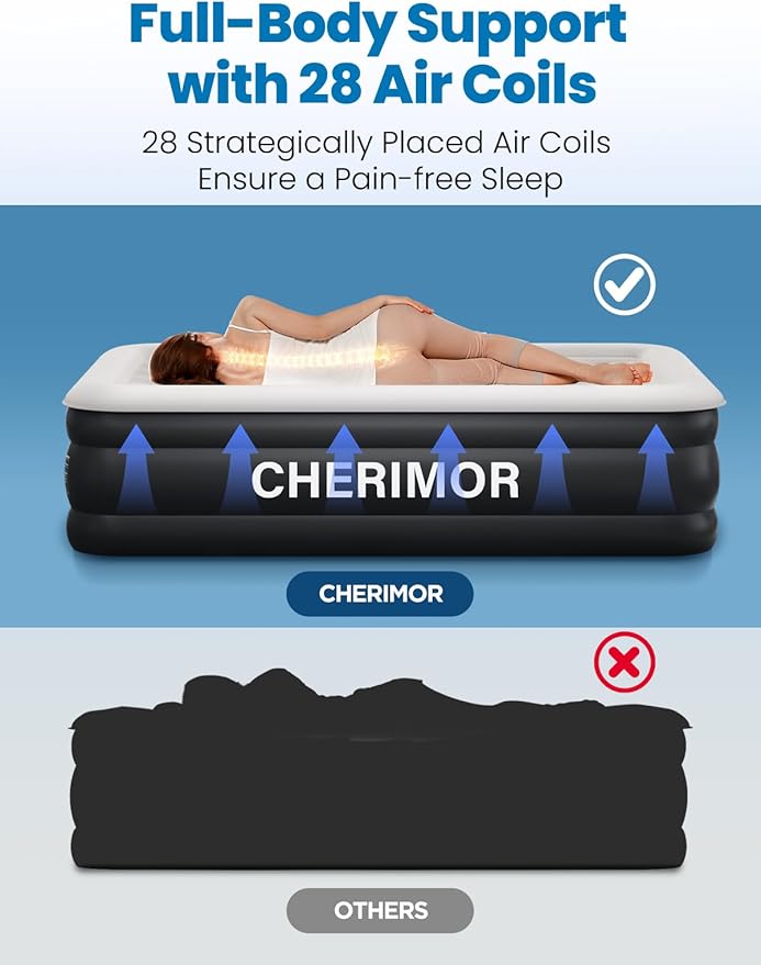 CHERIMOR Full Size Air Mattress with Built-in Pump, 18" Raised Comfort, 48Hr Leak-Proof Test, Upgraded Honeycomb Pillar Design, Supports 600 lbs, 2.5-Min Inflation for Home Guest Room Camping