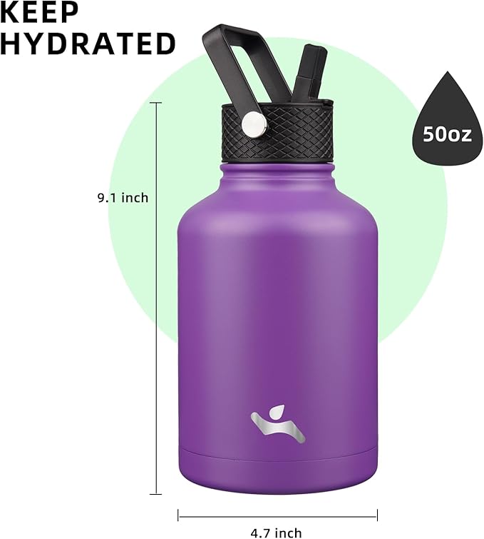Konokyo Insulated Water Bottle with Straw,50 oz 3 Lids Water Jug with Carrying Bag,Paracord Handle,Double Wall Vacuum Stainless Steel Metal Flask,Purple