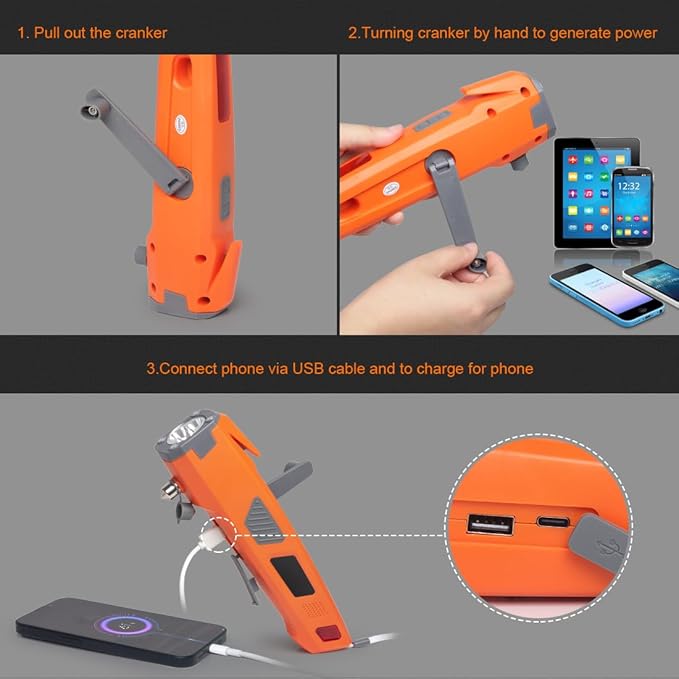 LUXON Emergency Tool,8-in-1 Car Safety Tool:Window Breaker,Seat Belt Cutter,LED Flashlight Rescue Tool USB Charger,SOS Light, Hand Cranking Charge, Magnetic for Vehicle Escape/Field Survival,Hiking