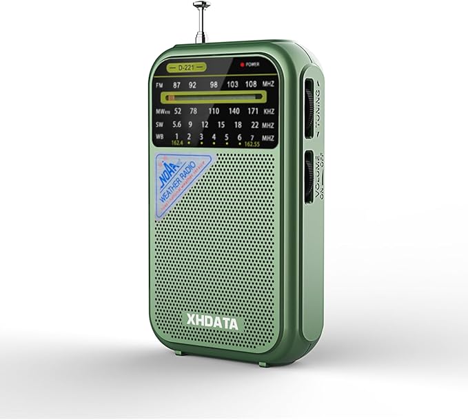 XHDATA D221 NOAA Weather Radio Portable AM FM Shortwave Radio Receiver, 2 AA Battery Operated, Transistor Radio with Excellent Reception for Gift, Family, Elder (Green)