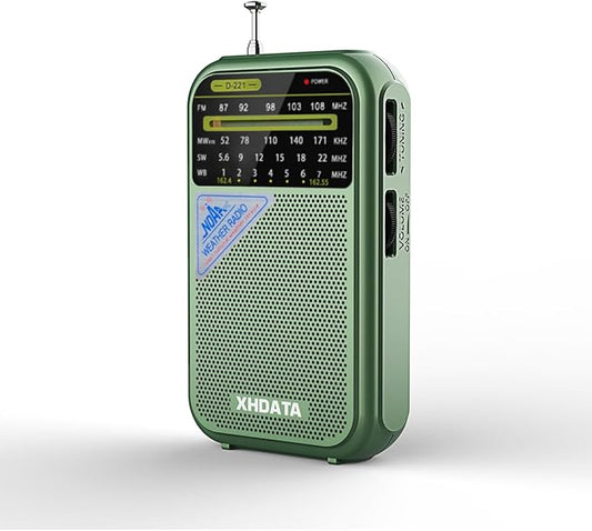 XHDATA D221 NOAA Weather Radio Portable AM FM Shortwave Radio Receiver, 2 AA Battery Operated, Transistor Radio with Excellent Reception for Gift, Family, Elder (Green)