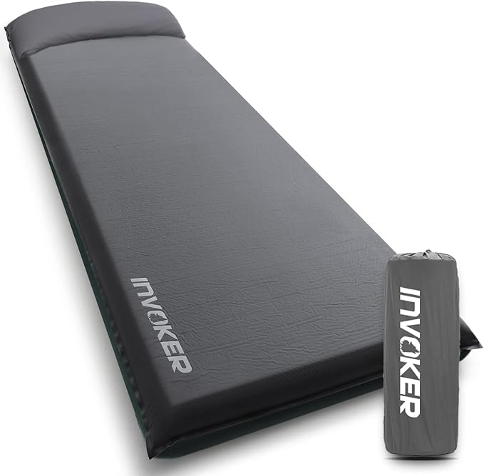 INVOKER Camping Sleeping Pad 3.15” Memory Foam Fast Self Inflating Insulated Durable Camping Mat Air Mattress with Pillow，for Tent, Traveling, Car, Camping, Grey