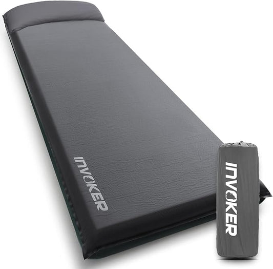 INVOKER Camping Sleeping Pad 3.15” Memory Foam Fast Self Inflating Insulated Durable Camping Mat Air Mattress with Pillow，for Tent, Traveling, Car, Camping, Grey